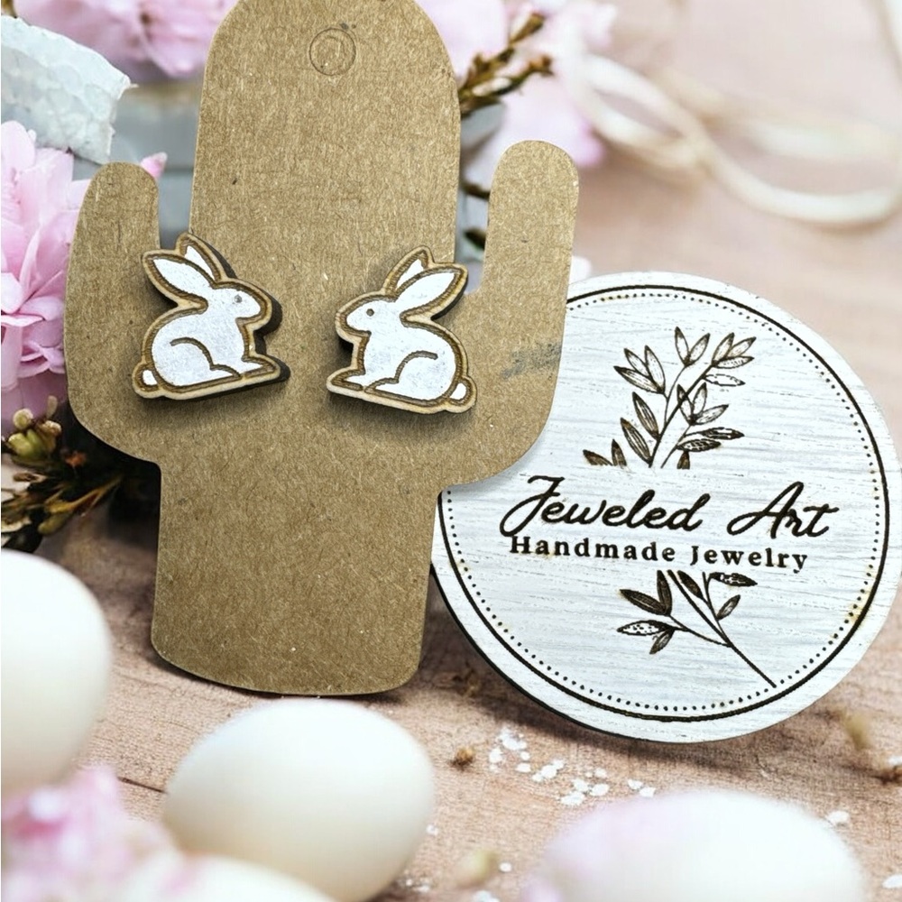 Jeweled Art Hand Painted Wood Engraved Bunny Stud Earrings